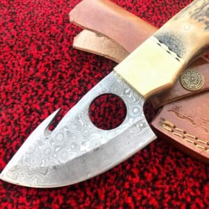 Antler Skinning knife | Custom Handmade Damascus Steel Knife With Leather Sheath | Best Anniversary, Wedding Gift For Her & Him