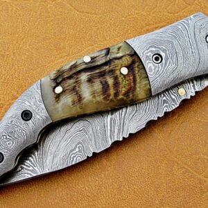 Damascus Folding Knife, 7.5" Damascus Steel Bolster Point Blade, Goat Horn Handle, Pocket Knife, Razor Sharp