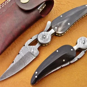 Damascus Leaf Folding Knife, 7.0" Damascus Steel Bolster Point Blade, Buffalo Horn Handle, Pocket Knife, Razor Sharp,