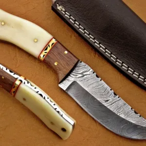 Damascus Hunting Knife, Damascus Steel Classic Skinner Knife, 8", Walnut Wood, Camel Bone Handle, Fixed Blade, Full Tang