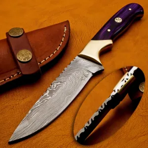 Damascus Steel Skinner Knife – Full Tang Hunting Blade – Hand Forged Knife for Outdoors with Sheath