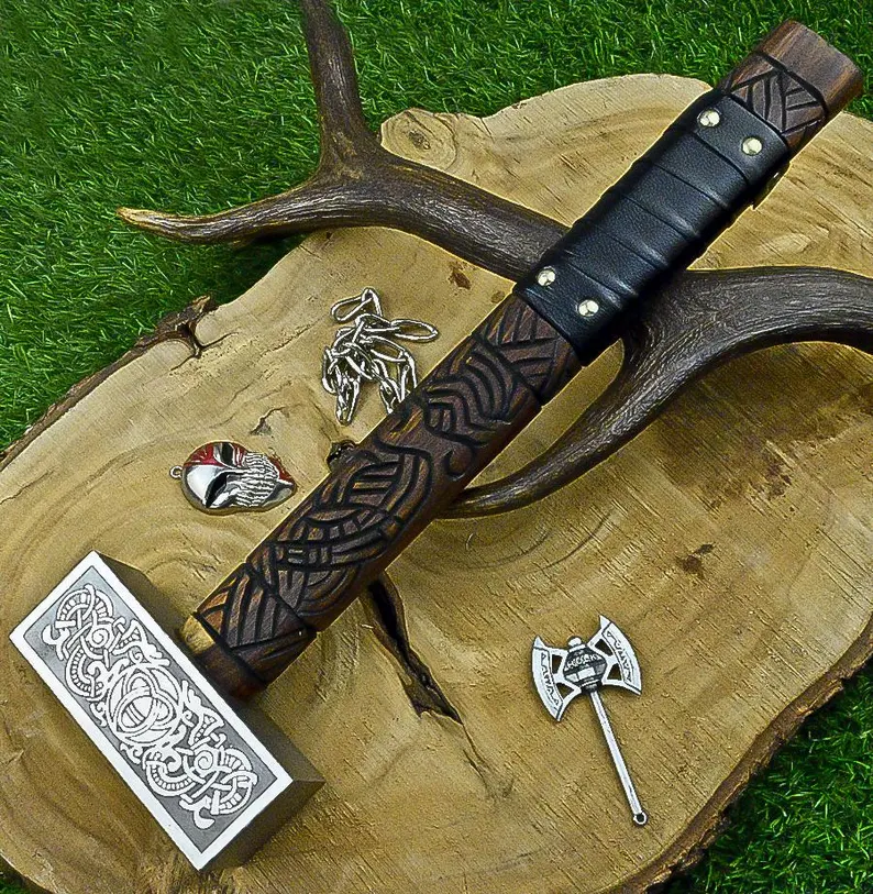 Custom Handmade Premium Quality Nordic War Hammer Carved Viking Handle Leather Grip Custom Handmade Premium Quality Nordic War Hammer Carved Viking Handle Leather Grip
