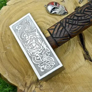 Custom Handmade Premium Quality Nordic War Hammer Carved Viking Handle Leather Grip