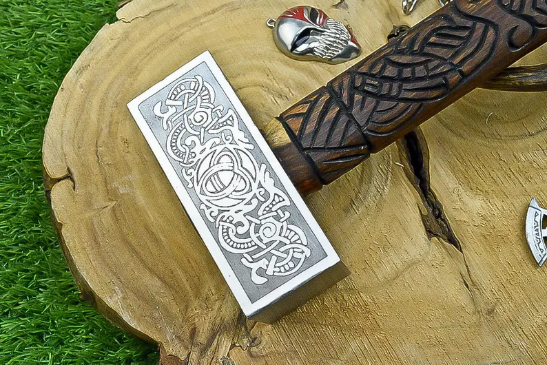 il_794xN.6816082722_ovky Custom Handmade Premium Quality Nordic War Hammer Carved Viking Handle Leather Grip