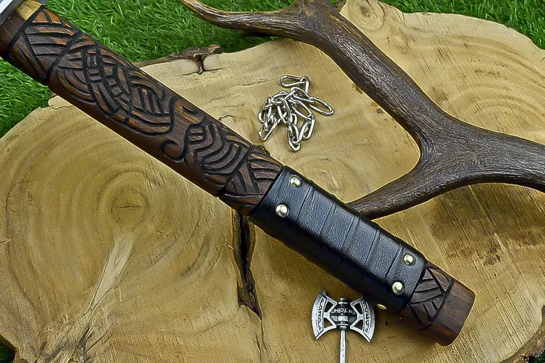 Custom Handmade Premium Quality Nordic War Hammer Carved Viking Handle Leather Grip