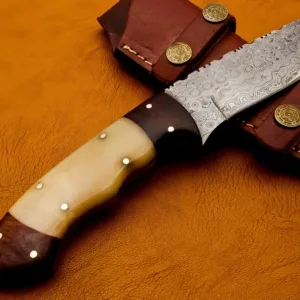 Hand Forged Damascus Steel Skinner Knife with Camel Bone & Rose Wood Handle With Leather Sheath – Outdoor Gift