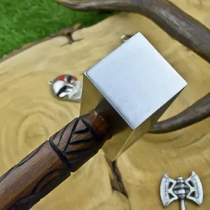 Custom Handmade Premium Quality Nordic War Hammer Carved Viking Handle Leather Grip
