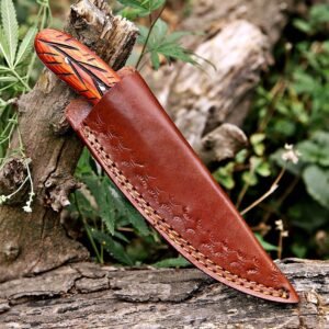 Custom Handmade skinner Knife with Carved Wood Handle & Leather Sheath | Full Tang Fixed Blade Knife