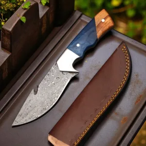 Brandnew damascus steel skinner knife resin and wood handle rain drop pattern along genuine leather cover