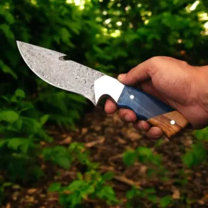 Brandnew damascus steel skinner knife resin and wood handle rain drop pattern along genuine leather cover