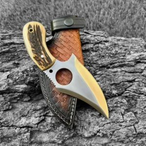 Handmade D2 Steel Skinner Knife: Deer Horn Handle, Leather Sheath