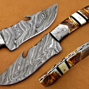 Custom Handmade Damascus Full Tang Skinner Knife With Camle Bone Handal With Cow Leather Sheath