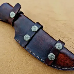 Custom Handmade Damascus Full Tang Skinner Knife With Camle Bone Handal With Cow Leather Sheath
