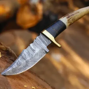 Hand-Forged Damascus Steel Skinner Knife: Stag Horn Handle, Leather Sheath
