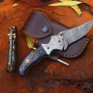 Handmade Damascus Pocket Knife – Folding Knife with Pakka Wood Handle, Unique Gift for Men, Groomsmen, Collectors, Hunting or Outdoor Knife