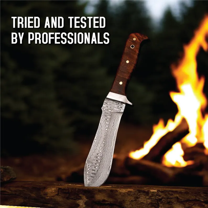 Handmade Damascus Steel Hunting Knife with Rosewood Handle description of the handmade Damascus steel hunting knife with a rosewood handle: Knife Details: – Blade Material: Damascus steel, renowned for its exceptional strength, sharpness, and distinctive pattern. – Blade Length: 6 inches, perfect for precision and control in hunting and outdoor applications. – Blade Style: Hunting knife style, designed for efficient and effective cutting. Handle Details: – Handle Material: Rosewood, offering a natural and elegant appearance. – Handle Length: 5 inches, designed for comfort and control. Key Features: – Handmade craftsmanship, guaranteeing attention to detail and a unique product. – Damascus steel blade, ensuring exceptional performance, durability, and aesthetic appeal. – Rosewood handle, providing a luxurious and functional package. – Total Length: 11 inches, making it a versatile and practical knife. This handmade Damascus steel hunting knife is an excellent choice for outdoor enthusiasts, hunters, and collectors. The combination of Damascus steel and rosewood handle makes it a truly unique and premium product. Handmade Damascus Steel Hunting Knife with Rosewood Handle description of the handmade Damascus steel hunting knife with a rosewood handle: Knife Details: - Blade Material: Damascus steel, renowned for its exceptional strength, sharpness, and distinctive pattern. - Blade Length: 6 inches, perfect for precision and control in hunting and outdoor applications. - Blade Style: Hunting knife style, designed for efficient and effective cutting. Handle Details: - Handle Material: Rosewood, offering a natural and elegant appearance. - Handle Length: 5 inches, designed for comfort and control. Key Features: - Handmade craftsmanship, guaranteeing attention to detail and a unique product. - Damascus steel blade, ensuring exceptional performance, durability, and aesthetic appeal. - Rosewood handle, providing a luxurious and functional package. - Total Length: 11 inches, making it a versatile and practical knife. This handmade Damascus steel hunting knife is an excellent choice for outdoor enthusiasts, hunters, and collectors. The combination of Damascus steel and rosewood handle makes it a truly unique and premium product.