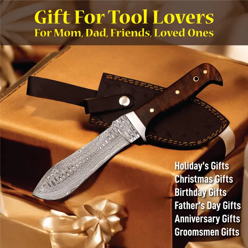 Handmade Damascus Steel Hunting Knife with Rosewood Handle description of the handmade Damascus steel hunting knife with a rosewood handle: Knife Details: – Blade Material: Damascus steel, renowned for its exceptional strength, sharpness, and distinctive pattern. – Blade Length: 6 inches, perfect for precision and control in hunting and outdoor applications. – Blade Style: Hunting knife style, designed for efficient and effective cutting. Handle Details: – Handle Material: Rosewood, offering a natural and elegant appearance. – Handle Length: 5 inches, designed for comfort and control. Key Features: – Handmade craftsmanship, guaranteeing attention to detail and a unique product. – Damascus steel blade, ensuring exceptional performance, durability, and aesthetic appeal. – Rosewood handle, providing a luxurious and functional package. – Total Length: 11 inches, making it a versatile and practical knife. This handmade Damascus steel hunting knife is an excellent choice for outdoor enthusiasts, hunters, and collectors. The combination of Damascus steel and rosewood handle makes it a truly unique and premium product. Handmade Damascus Steel Hunting Knife with Rosewood Handle description of the handmade Damascus steel hunting knife with a rosewood handle: Knife Details: - Blade Material: Damascus steel, renowned for its exceptional strength, sharpness, and distinctive pattern. - Blade Length: 6 inches, perfect for precision and control in hunting and outdoor applications. - Blade Style: Hunting knife style, designed for efficient and effective cutting. Handle Details: - Handle Material: Rosewood, offering a natural and elegant appearance. - Handle Length: 5 inches, designed for comfort and control. Key Features: - Handmade craftsmanship, guaranteeing attention to detail and a unique product. - Damascus steel blade, ensuring exceptional performance, durability, and aesthetic appeal. - Rosewood handle, providing a luxurious and functional package. - Total Length: 11 inches, making it a versatile and practical knife. This handmade Damascus steel hunting knife is an excellent choice for outdoor enthusiasts, hunters, and collectors. The combination of Damascus steel and rosewood handle makes it a truly unique and premium product.