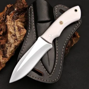 Handcrafted D2 steel skinner Knife with Resin Handle & Italian Leather Sheath – Hunting Collectible Gift