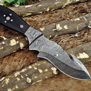 Custom Hand Forged Damascus Steel gut hook Skinner Knife,Bull Horn Handle,gift for husband