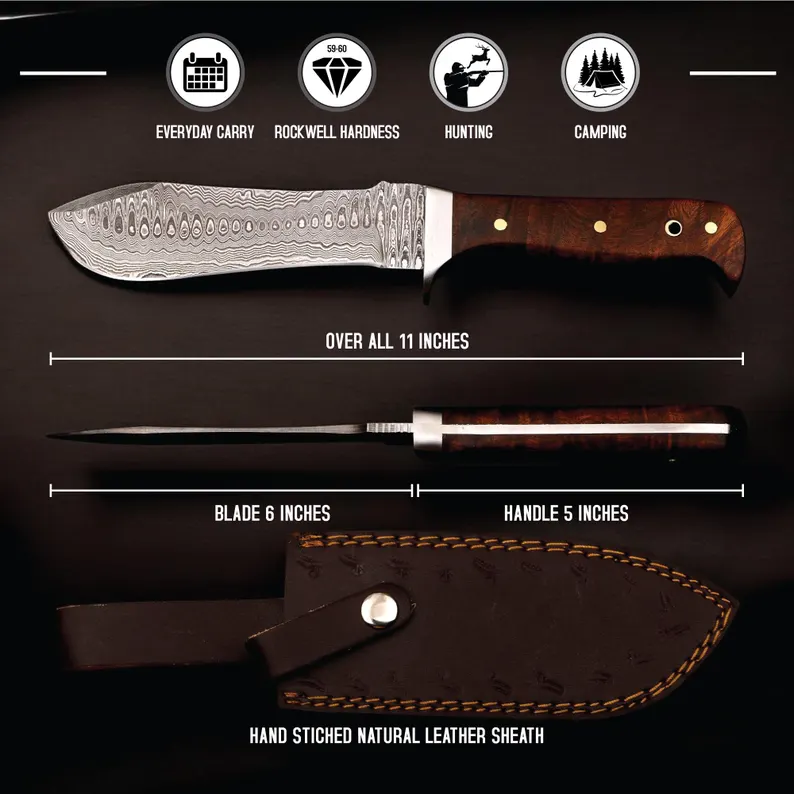 Handmade Damascus Steel Hunting Knife with Rosewood Handle description of the handmade Damascus steel hunting knife with a rosewood handle: Knife Details: – Blade Material: Damascus steel, renowned for its exceptional strength, sharpness, and distinctive pattern. – Blade Length: 6 inches, perfect for precision and control in hunting and outdoor applications. – Blade Style: Hunting knife style, designed for efficient and effective cutting. Handle Details: – Handle Material: Rosewood, offering a natural and elegant appearance. – Handle Length: 5 inches, designed for comfort and control. Key Features: – Handmade craftsmanship, guaranteeing attention to detail and a unique product. – Damascus steel blade, ensuring exceptional performance, durability, and aesthetic appeal. – Rosewood handle, providing a luxurious and functional package. – Total Length: 11 inches, making it a versatile and practical knife. This handmade Damascus steel hunting knife is an excellent choice for outdoor enthusiasts, hunters, and collectors. The combination of Damascus steel and rosewood handle makes it a truly unique and premium product. Handmade Damascus Steel Hunting Knife with Rosewood Handle description of the handmade Damascus steel hunting knife with a rosewood handle: Knife Details: - Blade Material: Damascus steel, renowned for its exceptional strength, sharpness, and distinctive pattern. - Blade Length: 6 inches, perfect for precision and control in hunting and outdoor applications. - Blade Style: Hunting knife style, designed for efficient and effective cutting. Handle Details: - Handle Material: Rosewood, offering a natural and elegant appearance. - Handle Length: 5 inches, designed for comfort and control. Key Features: - Handmade craftsmanship, guaranteeing attention to detail and a unique product. - Damascus steel blade, ensuring exceptional performance, durability, and aesthetic appeal. - Rosewood handle, providing a luxurious and functional package. - Total Length: 11 inches, making it a versatile and practical knife. This handmade Damascus steel hunting knife is an excellent choice for outdoor enthusiasts, hunters, and collectors. The combination of Damascus steel and rosewood handle makes it a truly unique and premium product.