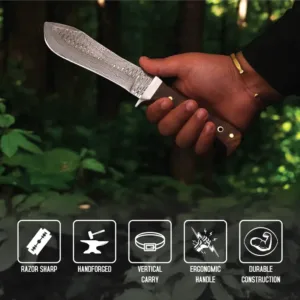 Handmade Damascus Steel Hunting Knife with Rosewood Handle description of the handmade Damascus steel hunting knife with a rosewood handle: Knife Details: - Blade Material: Damascus steel, renowned for its exceptional strength, sharpness, and distinctive pattern. - Blade Length: 6 inches, perfect for precision and control in hunting and outdoor applications. - Blade Style: Hunting knife style, designed for efficient and effective cutting. Handle Details: - Handle Material: Rosewood, offering a natural and elegant appearance. - Handle Length: 5 inches, designed for comfort and control. Key Features: - Handmade craftsmanship, guaranteeing attention to detail and a unique product. - Damascus steel blade, ensuring exceptional performance, durability, and aesthetic appeal. - Rosewood handle, providing a luxurious and functional package. - Total Length: 11 inches, making it a versatile and practical knife. This handmade Damascus steel hunting knife is an excellent choice for outdoor enthusiasts, hunters, and collectors. The combination of Damascus steel and rosewood handle makes it a truly unique and premium product.