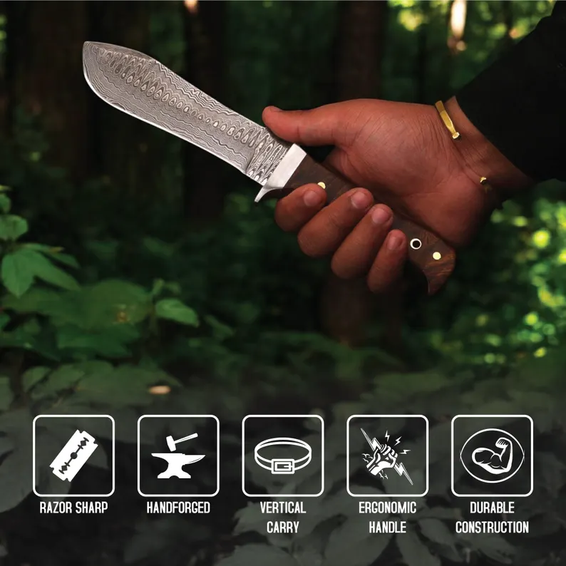 Handmade Damascus Steel Hunting Knife with Rosewood Handle description of the handmade Damascus steel hunting knife with a rosewood handle: Knife Details: – Blade Material: Damascus steel, renowned for its exceptional strength, sharpness, and distinctive pattern. – Blade Length: 6 inches, perfect for precision and control in hunting and outdoor applications. – Blade Style: Hunting knife style, designed for efficient and effective cutting. Handle Details: – Handle Material: Rosewood, offering a natural and elegant appearance. – Handle Length: 5 inches, designed for comfort and control. Key Features: – Handmade craftsmanship, guaranteeing attention to detail and a unique product. – Damascus steel blade, ensuring exceptional performance, durability, and aesthetic appeal. – Rosewood handle, providing a luxurious and functional package. – Total Length: 11 inches, making it a versatile and practical knife. This handmade Damascus steel hunting knife is an excellent choice for outdoor enthusiasts, hunters, and collectors. The combination of Damascus steel and rosewood handle makes it a truly unique and premium product. Handmade Damascus Steel Hunting Knife with Rosewood Handle description of the handmade Damascus steel hunting knife with a rosewood handle: Knife Details: - Blade Material: Damascus steel, renowned for its exceptional strength, sharpness, and distinctive pattern. - Blade Length: 6 inches, perfect for precision and control in hunting and outdoor applications. - Blade Style: Hunting knife style, designed for efficient and effective cutting. Handle Details: - Handle Material: Rosewood, offering a natural and elegant appearance. - Handle Length: 5 inches, designed for comfort and control. Key Features: - Handmade craftsmanship, guaranteeing attention to detail and a unique product. - Damascus steel blade, ensuring exceptional performance, durability, and aesthetic appeal. - Rosewood handle, providing a luxurious and functional package. - Total Length: 11 inches, making it a versatile and practical knife. This handmade Damascus steel hunting knife is an excellent choice for outdoor enthusiasts, hunters, and collectors. The combination of Damascus steel and rosewood handle makes it a truly unique and premium product.