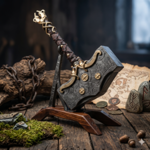 Hand-Forged Viking War Hammer - Mjolnir Inspired Nordic Maul with Golden Filigree - Premium Leather Wrap & Dragon Pommel - Collector’s Display Masterpiece