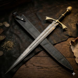 Handmade Royal Medieval Arming Sword - Custom Etched Damascus Steel Style Blade - Golden Cross-Guard & Pineapple Pommel - Elite Knightly Sword with Leather Sheath