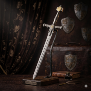 "Virtute et Honore" Medieval Knight Sword - Hand-Forged Damascus Steel Heritage Blade - Antique Silver Finish Longsword with Engraved Star Pommel - Exclusive Executive Decor Gift