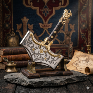 Handmade Mythical Nordic War Hammer - Custom Forged Mjolnir Replica with Rune Engravings - Luxury Brass & Leather Handle - High-End Collector’s Fantasy Weapon
