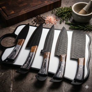 Professional 5-Piece Hand-Forged Chef Set - Custom Textured High Carbon Steel Kitchen Knives - Luxury Damascus Style Cooking Knives with Resin & Wood Hybrid Handle - Exclusive Gift for Chefs & Home Cooks