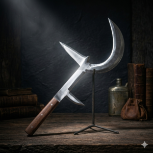 Hand-Forged Shadow War-Scythe – Triple-Point Fantasy Polearm with Curved Moon Blade – High-Carbon Steel Artisan Collector’s Weapon – Premium Display-Grade Mythic Armory