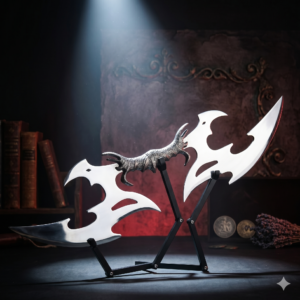 Hand-Forged Double-Headed Fantasy Battle Axe – Dual-Blade Stainless Steel Masterpiece with Ornate Dragon Guard and Textured Grip – Premium Collector’s Display Piece