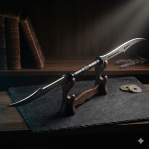 Hand-Forged Shadow Assassin Dual-Blade Staff - High Carbon Polished Steel Curved Blades with Tactical Knurled Grip - Premium Fantasy Collector’s Masterpiece