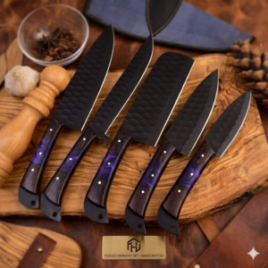 Professional 5-Piece Forged Harmony Chef Set - Hand-Forged Black Hammered Blades - Luxury Purple Resin & Wood Hybrid Handles - Premium Culinary Knife Collection