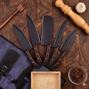 Professional 5-Piece Black Hammered Chef Knife Set - Hand-Forged High Carbon Steel - Ergonomic Rosewood Handles - Premium Kitchen Blade Set