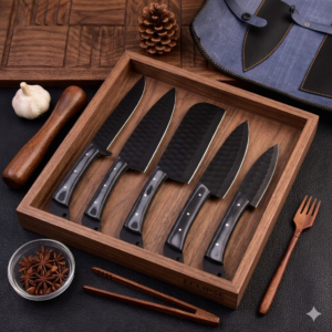 Eclipse Signature 5-Piece Chef Knife Set - Hand-Forged Black Hammered Steel - Premium Grey Micarta Handles - Luxury Wooden Tray Edition
