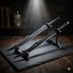 Hand-Forged Stealth Tactical Twin Swords - Dual Matte Black High Carbon Steel Blades with Speed Holes - Ergonomic Ribbed Grip & Custom Display Stand - Premium Ninja & Fantasy Collector’s Set