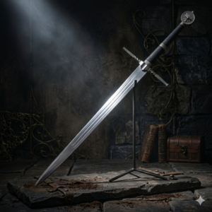Hand-Forged Silver Wolf Witcher Sword - High Carbon Steel Bastard Blade - Ornate Wolf Head Pommel & Twisted Guard - Premium Collector’s Fantasy Weaponry