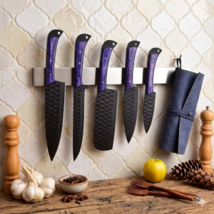 Luxury 5-Piece Magnetic Chef Knife Set - Hand-Forged Black Hammered Steel - Radiant Purple Pakkawood Handles - Professional Kitchen Collection