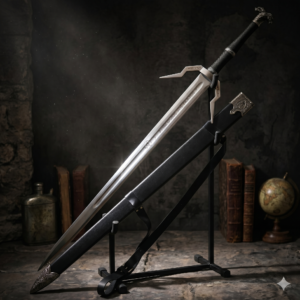 Hand-Forged Dark Sentinel Steel Sword - High Carbon Polished Blade with Angular Cross-Guard - Textured Combat Grip & Ornate Scabbard - Premium Collector's Fantasy Longsword