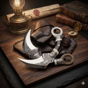 Premium Custom Engraved Karambit Claw Knife Set - Dual Hawkbill Satin Blades with Ornate Scrollwork - Segmented Buffalo Horn Handles & Luxury Leather Sheath Combo