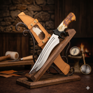Artisan Sub-Hilt Tracker Bowie Knife - High-Carbon Satin Polished Steel Blade with Triple Fullers - Premium Cowhide Leather Sheath & Cow-Fur Inlay - Luxury Collector’s Hunting Masterpiece