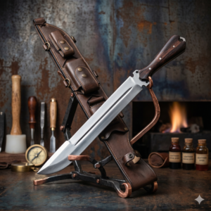 Hand-Forged Custom Tracker Sword – High-Carbon Polished Steel Survival Blade with Deep Fuller – Premium Rosewood Hilt & Multi-Pocket Leather Scabbard Set