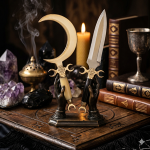 Mythic Celestial Wiccan Ritual Dagger Set - Crescent Moon Sickle & Double-Edged Athame with Pentagram Brass Guards - Premium Altar Occult Collector's Set
