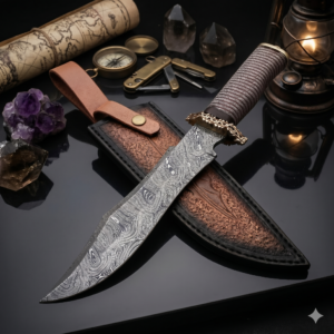Premium Damascus Steel Survival Bowie Knife – High-Contrast Twist Pattern Clip-Point Blade – Paracord Wrapped Tactical Grip with Ornate Brass Guard & Dual-Tone Tooled Leather Sheath