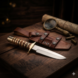 Premium Custom Military-Style Combat Knife – High-Carbon Satin Polished Steel Drop-Point Blade – Segmented Leather & Brass Spacer Hilt with Heavy-Duty Leather Sheath