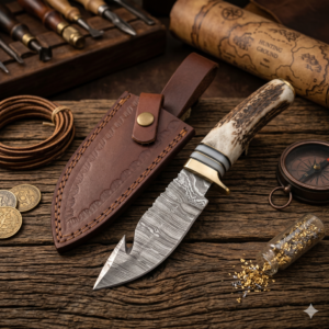 Artisan Damascus Steel Gut-Hook Skinning Knife - Custom Forged Twisted Pattern Blade - Authentic Stag Antler Handle with Brass Guard & Premium Tooled Leather Sheath