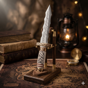 Premium Damascus Steel Flamberge Dagger – Custom Wave-Edged Kris Blade – Carved Scrimshaw Wolf Bone Handle with Ornate Brass Guard