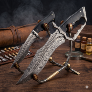 Custom Damascus Steel Trench Knife & Dagger Set - High-Contrast Feather Pattern Blades with Double Fullers - Premium Ebony Wood Scales & Integrated Knuckle Guard